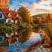 Tło fotograficzne „Jesienny domek nad jeziorem z lisem” | J_276 Tło fotograficzne „Jesienny domek nad jeziorem z lisem” | J_276